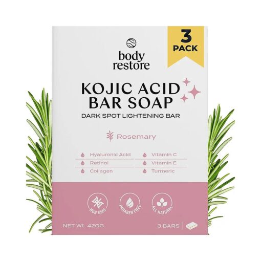 Body Restore Kojic Acid Soap, Fathers Day Dad Gifts, ( Rosemary 3 Pack ), with Vitamin C, E, Shea Butter, Collagen, Hyaluronic Acid, Turmeric, Retinol For Dark Spots, All Natural Soap Bar, Paraben Free