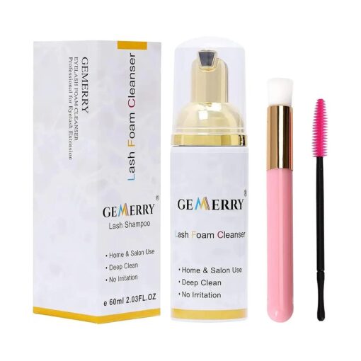 GEMERRY Lash Shampoo Eyelash Extension Cleanser 60ml Eyelash Shampoo for Lash Extensions with Brushes Paraben & Sulfate Free for Makeup Remover Perfect for Professional & Self Use