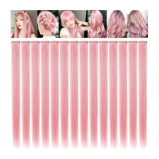 Colored Hair Extensions, Multi-colors Hairpieces Party Highlights Clip in Synthetic Hair Extensions 21 inch for Women and Girls ( Light Pink Set )