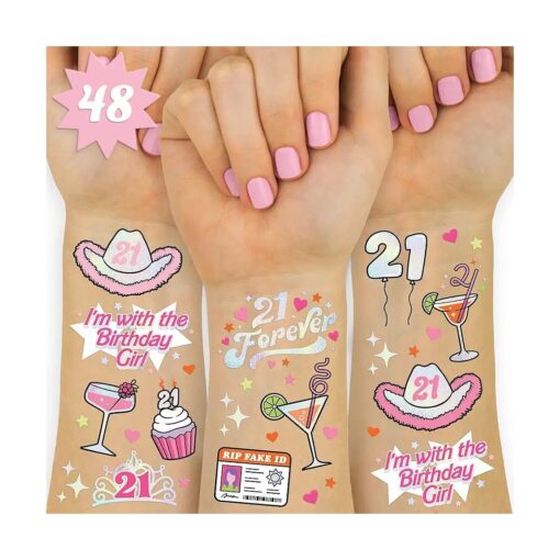 xo, Fetti 21st Birthday Party Decorations Temporary Tattoos - 48 pcs | Fun Bday Girl Party, Finally 21, RIP Fake ID, HBD, Disco Cowgirl Party, Twenty One Tiara