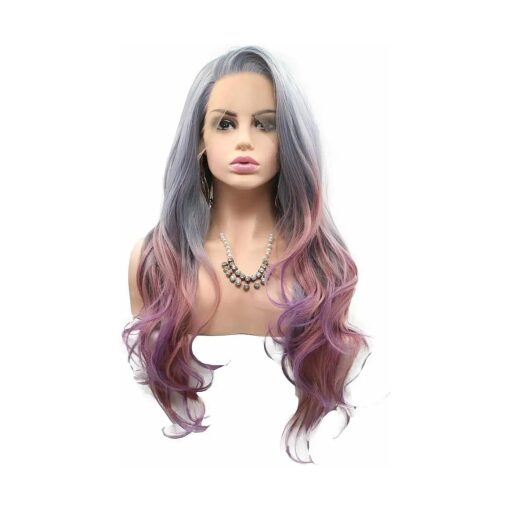 Side Part Long Hair Blue Green Grey Purple Pink Mixed Colour Synthetic Lace Front Wigs for Women Girls Replacement Party Cosplay Summer Wedding Wigs Mermaid Colourful Body Wave Natural Hairline 60cm