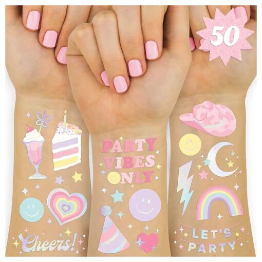 xo, Fetti Pastel Rainbow Temporary Tattoos - 50 Iridescent Foil Styles | Preppy Birthday Party Supplies, Smiley Party Favors, Party Vibes Only