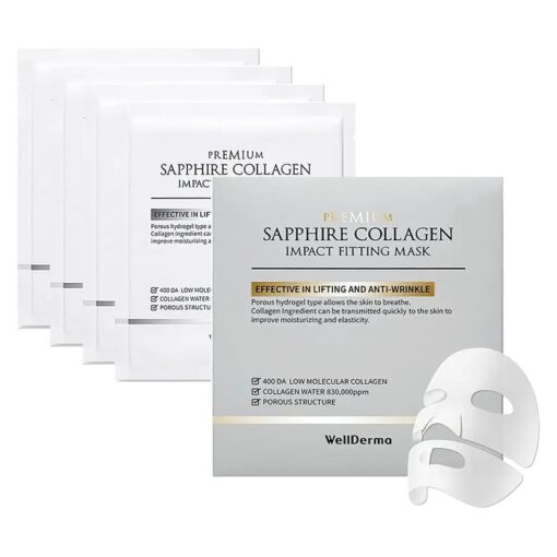 WELLDERMA Sapphire Premium Collagen Impact Fitting Mask 4 EA - Korean Face Sheet Mask for rough and dry skin- Hydrating overnight sheet mask with Patented Porous Structure Hydrogel Type - Niacinamide