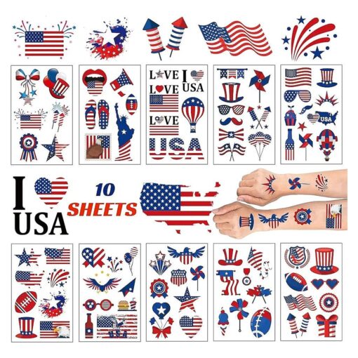 10 Sheets USA Tattoos Temporary, 80 Patriotic Tattoos, 4th of July Temporary Tattoos, American Flag Red White and Blue Tattoos, USA Face Tattoos