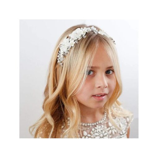 SWEETV Flower Girl Headpiece Ivory Tulle Flowers Wedding Headband for Girls, Princess Pearl Hair Accessories for Birthday Party, First Communion