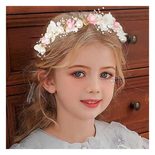 Campsis Princess Flower Crystal Headpiece Rhinestone Pearl Headband Alloy Floral Bridal Hair Accessories Communion Wedding Prom Photography for Girls and Women ( Pink )