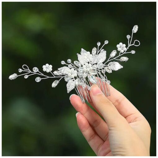 Gorais Leaf Bride Wedding Hair Comb Pearl Bridal Hair Piece Crystal Side Comb Hair Accessories for Women and Girls ( A-Silver )