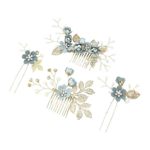 NUOBESTY 4Pcs Wedding Hair Clip Comb Handmade Bridal Hair Clip Pearl Floral Leaf Hair Accessories for Women Wedding ( Green )