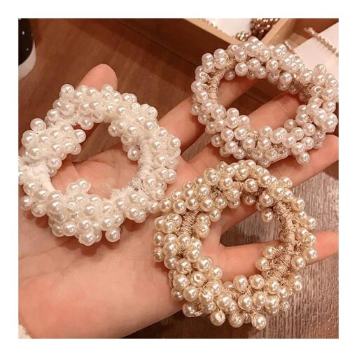 Unicra Pearl Hair Ties Beaded Fashion Elastic Hair Scrunchies Set Fancy Pearls Decorative Ponytail Holder Hair Accessories for Women and Girls 3PCS ( Pearl )