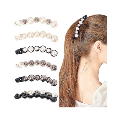 DEEKA 6 PCS Pearl Hair Clip Banana Clips Ponytail Holder Banana Hair Clips Thick Fine Hair Clip French Barrettes Rhinestones Jaw Clips for Women and Girls