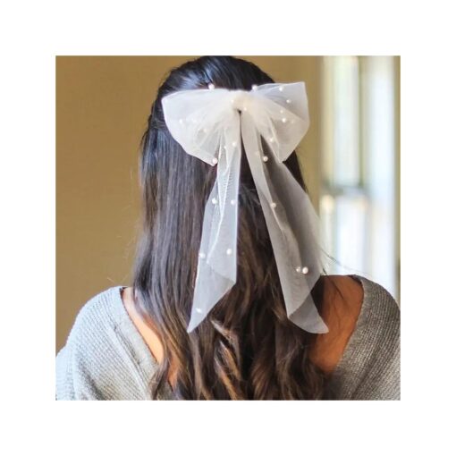 Jeairts Bridal Hair Bow Veil Pearl Wedding Hair Piece White Tulle Bow with Clip Bachelorette Party Hair Accessories for Women and Girls