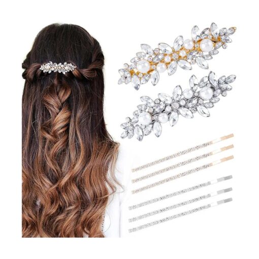 2Pcs Pearl Hair Barrettes, 6Pcs Metal Bobby Pins Sparkle Rhinestone Hair Clips Decorative Wedding Prom Valentines Hair Pins Accessories for Bride Women Girls Fine Thick Long Hair ( Silver Gold )