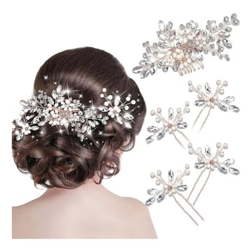 5 Pieces Pearl Wedding Hair Side Comb Crystal Bride Wedding Hair Comb U-shaped Bride Wedding Hair Pins Rhinestone Hair Accessories Pearl Flower Hair Comb for Women and Girls ( Rose Gold )