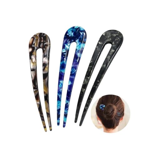 French Hair Forks Tortoise Shell U Shape Updo Hair Pins Clips for Thin Thick Hair, Long Classic 2 Prong Bun Hair Sticks Chignon Women Vintage Hairstyle Accessories, 3 Pack ( Blue Brown Black )