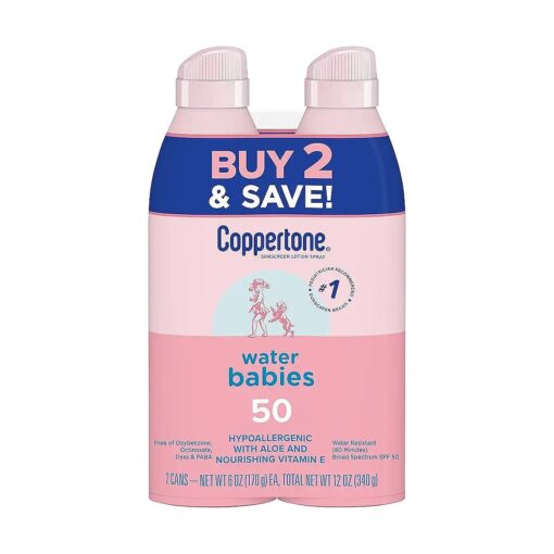 Water Babies Sunscreen Lotion Spray SPF 50, Water Resistant, Pediatrician Recommended for Babies, 6 Oz Spray, Pack of 2