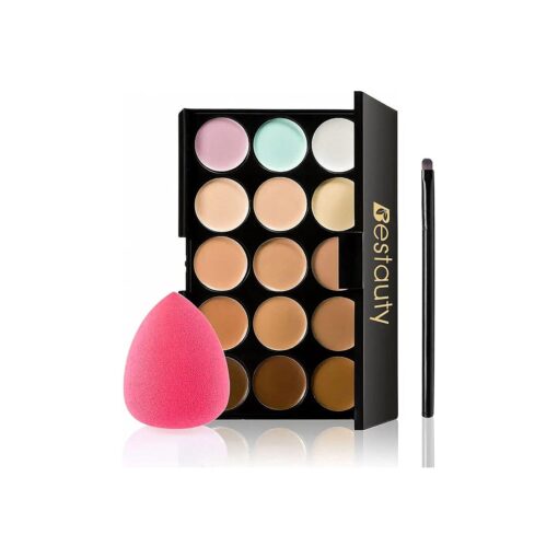 Color Correcting Concealer Palette, Bestauty 15 Colors Multi-Use Concealer Highlighting Makeup Kit with Sponge Puff Oval & Makeup Brush