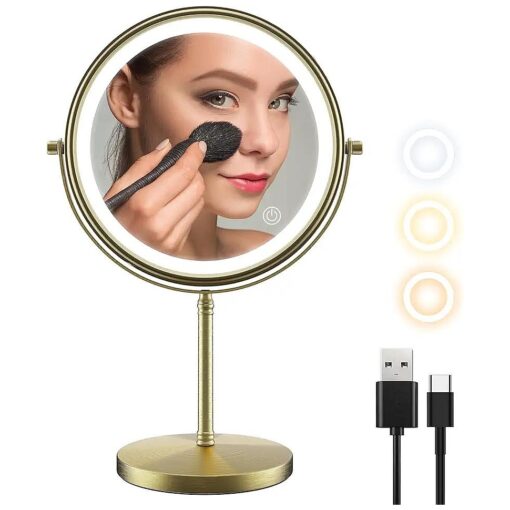 zelaxy 8 Inch Makeup Vanity Mirror with Lights, Rechargeable Double Sided 1X 10X Magnifying Mirror, Lighted Makeup Mirror with 3 Color Lighting, Touch Sensor Dimming, Brightness Adjustable ( Bronze )