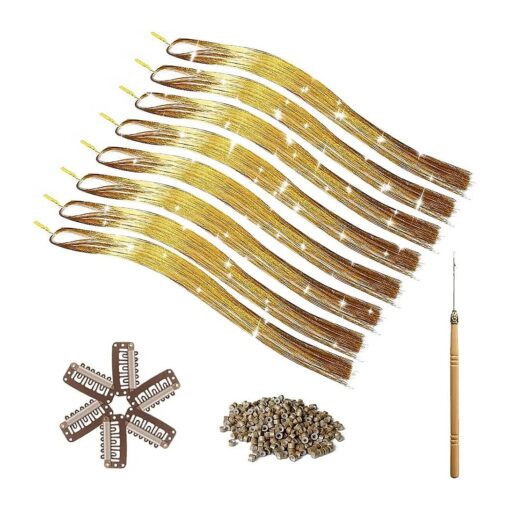 Gold Hair Tinsel Kit, COLOR SHE fairy tinsel hair extensions with 8 Packs Gold Color 48inch 1600 Glitter Stands Tinsel, Sparkle Fun Crochet Braiding Hair Extension with Tinsel Clips and Tools Beads for kids Girls ( Glitter Gold )