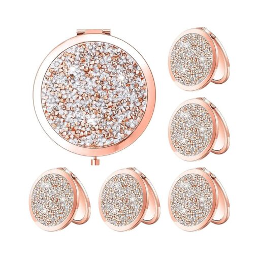 6 Pieces Magnifying Compact Cosmetic Mirror Mini Diamond 1X/ 2X Makeup Mirror 2.75 Inch Round Pocket Travel Makeup Folding Small Purse Size Mirror for Women Girls Bridesmaid Gift ( Clear Rose Gold )