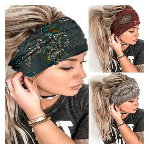 CAKURE Boho Headbands Wide Turban African Head Wraps Stretchy Hairbands Cloth Head Bands Floral Headband Hair Accessories for Women and Girls Pack of 3 ( Type F )