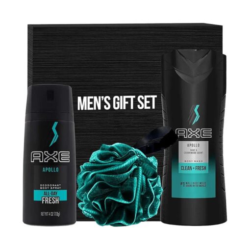 Axe Men 's Gift Set for Him, Includes Axe Men Apollo Body Wash, Axe Men Apollo Body Spray Sage and Cedarwood Scent, Mens Loofah in Gift Box, Perfect for Father 's Day Him Dad Fathers Man Boyfriend