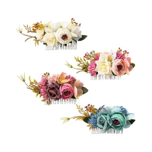 Cinaci 4 Pack Large Artificial Flower Metal Hair Side Combs Floral Slide Hair Clips Wedding Bridal Headpieces Hairpins Barrettes Decorative Hair Comb Bun Accessories for Women Girls Brides Bridesmaids