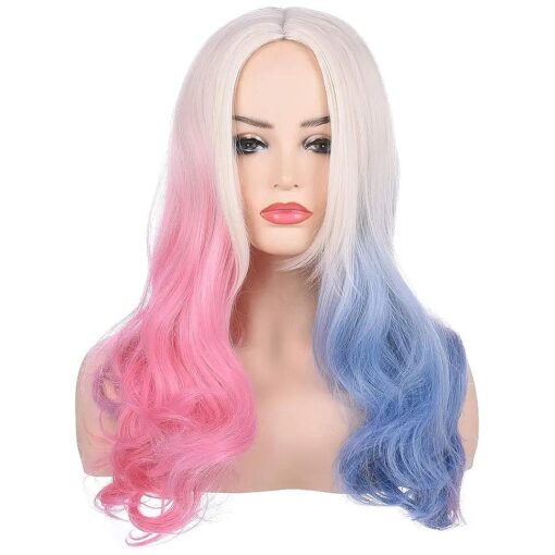 morvally 20 Inches Long Wavy Blonde Blue Pink Ombre Synthetic Hair Wigs for Women Cosplay Halloween