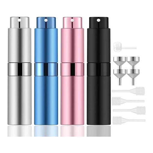 Lil Ray 8ml Portable Mini Perfume Atomizer ( 4 PCS ), Refillable Empty Small Spray Bottle for Travel, Twist Tpye Pocket Cologne Sprayer ( Matte Black, Pink, Blue, Silver )