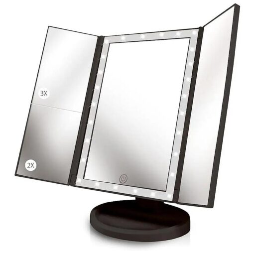 Backlit Makeup Vanity Mirror 36 LED Lights Touch-Screen Light Control, Tri-Fold 1/2/3X Magnification, Portable High-Definition Cosmetic Magnifying Personal Makeup Mirrors ( Midnight Black )