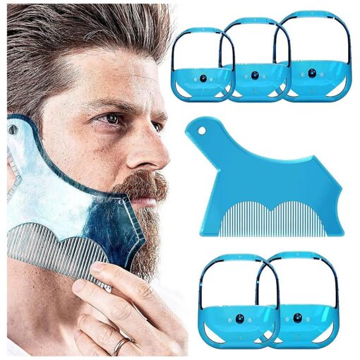 Linkidea Beard Shaping & Styling Tool with Comb, Beard Guide Shaper Goatee Trimmer Template for Men, Clear Mustache Sideburns Outliner Stencil Lineup for Jaw Cheek Neck Line Symmetric Curve, Blue