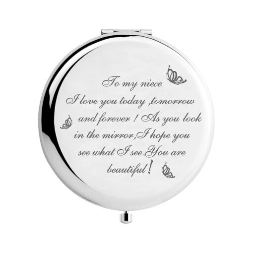 Warehouse No.9 Niece Gifts from Aunt Uncle, Travel Pocket Cosmetic Engraved Compact Makeup Mirror for Niece Birthday Christmas Graduation Cosmetic Mirror Gifts ( Sliver )