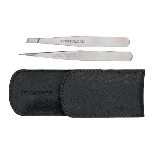 Tweezerman Petite Tweeze Set with Travel Case - Point and Slant Tweezers, Tweezers for Travel ( Black Case )