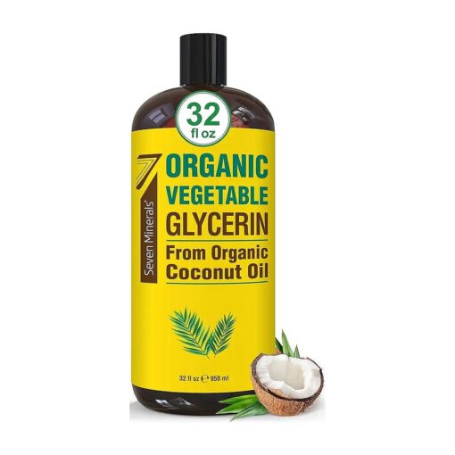 Seven Minerals, Organic Vegetable Glycerin - Big 32 fl oz Bottle - No Palm Oil, Made with Organic Coconut Oil - Therapeutical Grade Glycerine for DIYs - Hair, Nails & Skin Moisturizer - Non-Gmo