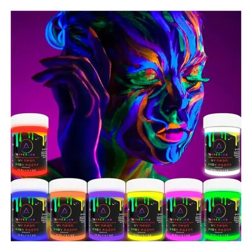 aofmoka Neon Body And Face Paint Glowing in the Dark Phosphorus and Blacklight Reactive under UV Flashlight 8 Non-Toxic Fluorescent