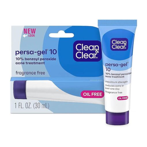 Clean & Clear Persa-Gel 10 Acne Medication Spot Treatment with Maximum Strength 10 % Benzoyl Peroxide, Topical Pimple Cream & Acne Gel Medication for Face Acne, Fragrance-Free, 1 oz, Pack of 4