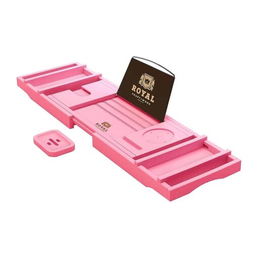 ROYAL CRAFT WOOD Luxury Bathtub Caddy Tray, One or Two Person Bath and Bed Tray, Bonus Free Soap Holder ( Pink )