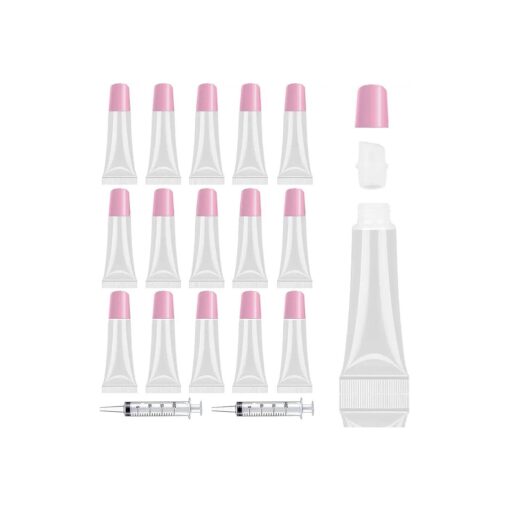 AMORIX 50PCS Lip Gloss Tubes Empty 10ml Pink Cap Lip Gloss Containers Lip Balm Tubes Cute Squeeze Tubes Lipgloss Making Supplies + 2 x 20ml Syringes Tag Labels for Lip Gloss Base