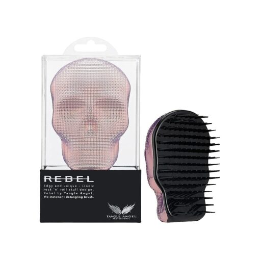 Tangle Angel Detangler Hair Brush - Heat & Water Resistant Compact Hair Brush Skull Design - Detangling Brush for Shower & Blow Drying - Anti Static Small Hairbrush with Soft Bristles - Pink Chrome