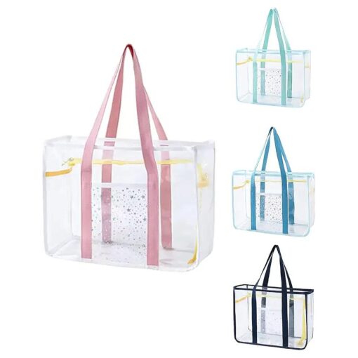 SxoSyo Clear Makeup Bags Large Cosmetic Bags with Side Pockets Multifunction Travel Toiletry Bag for Women Transparent Tote Beach Bag PVC Zipper Closure Swimming Handbag ( Color pink )