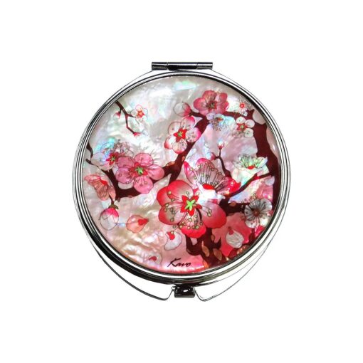 MADDesign Mother of Pearl Pink Makeup Mirror Compact Folding Magnify Apricot Tree Flowers Design