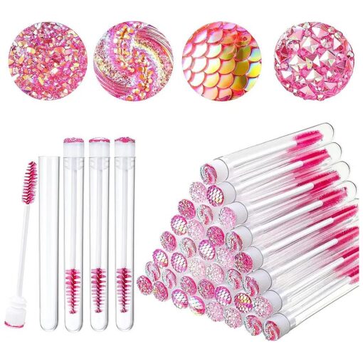 80 Pieces Disposable Mascara Brushes Tubes Set, 40 Pieces Diamond Empty Mascara Wand Tube with 40 Pieces Eyelash Brush Spoolies Makeup Tool for Eyelash Extension ( Pink )