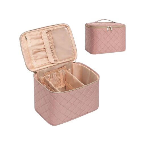 OCHEAL Makeup Bag, Large Travel Makeup Bag Organizer Cosmetic Bags for Women Washable Make Up Bag Makeup Organizer Case with Dividers - Large, Embossed Rhombus Pink