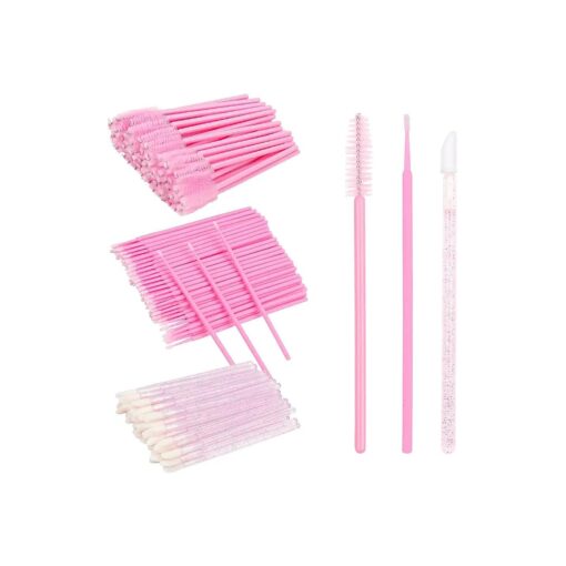 300 PCS Eyelash Extension Supplies Kit, Disposable Micro Swab Brush, Eyebrow Spoolie, Lip Brush, Mascara Wand Applicator ( Pink Sets )