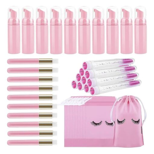 40 Pcs Lash Shampoo Bottle Brushes Set, 10 Pcs Lash Shampoo Brushes, 10 Pcs Lash Brushes Tubes, 10 Pcs Eyelash Shampoo Dispensers, 10 Pcs Lash Aftercare Bag for Clients, Women, Girls ( Pink )