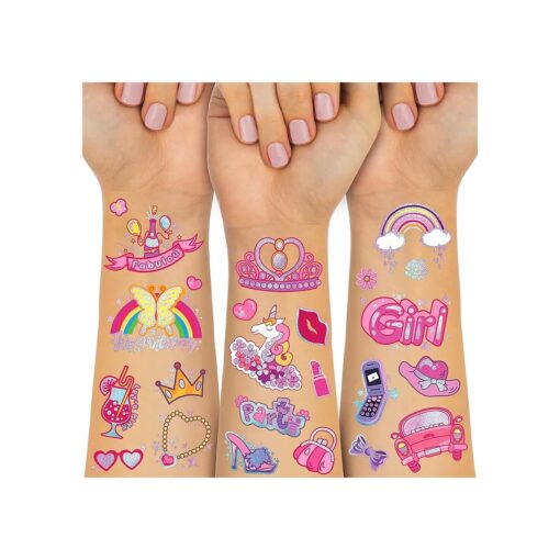 Waterproof Temporary Tattoos - 143pcs Groovy Fake Tattoo for Girls Birthday Party Favors, Princess Rainbow Shoes Power DIY Arts and Crafts Home Activity for Kids 6 7 8 9 10 11 12 years old