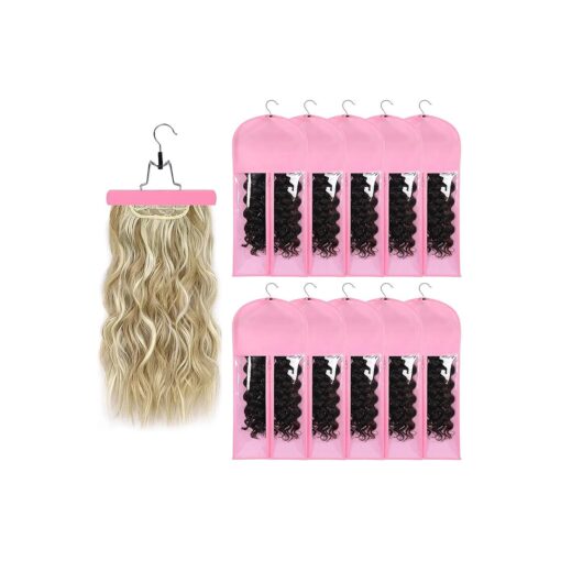 10 PCS Hair Extension Storage Hair Extension Holder Wig Storage Bags Wig Storage for Multiple Wigs Bags Storage with Hanger Wig Organizer for Multiple Wigs Waterproof and Portable ( PINK )