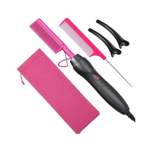 Hot Comb Hair Straightener Heat Pressing Combs - Ceramic Electric Hair Straightening Comb, Curling Iron for Natural Black Hair Beard Wigs Holiday Gift - Pink 3 In1