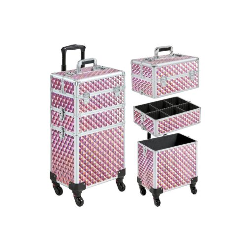 Yaheetech Rolling Makeup Train Case 3 in 1 Cosmetic Case Professional Makeup Suitcase Large Aluminum Cosmetic Trolley with Swivel Wheels and Key, Diamond Pattern- Pink