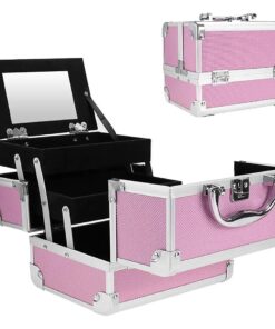 Professional Small Makeup Train Case - Cosmetic Box with Adjustable Dividers - Aluminum Make Up Artist Organizer Kit With Mirror Jewelry Box - 3 Extendable Trays ( Pink )