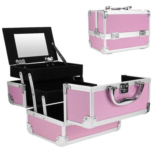 Professional Small Makeup Train Case - Cosmetic Box with Adjustable Dividers - Aluminum Make Up Artist Organizer Kit With Mirror Jewelry Box - 3 Extendable Trays ( Pink )